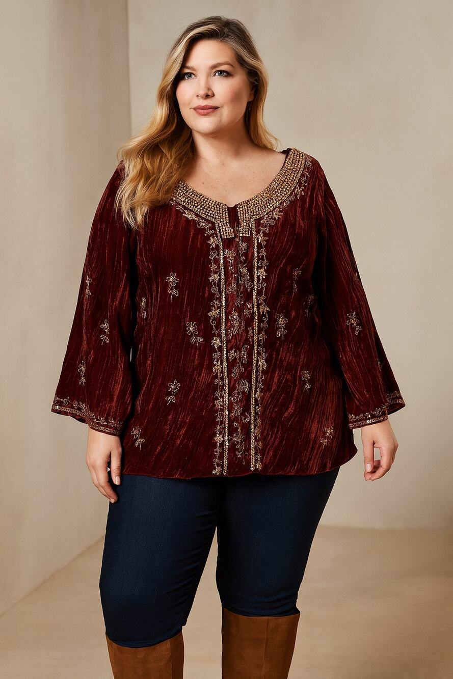 Velvet Embroidered Top Beaded Detail Boho Holiday Blouse 22W